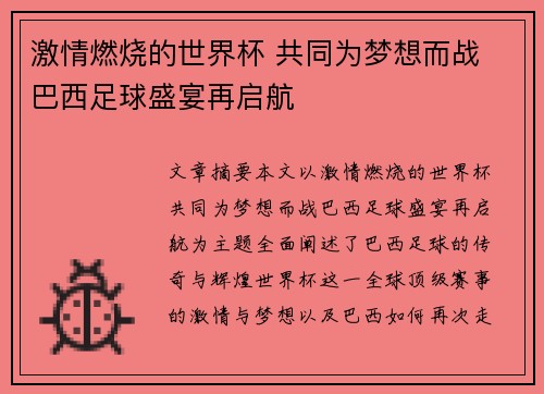激情燃烧的世界杯 共同为梦想而战 巴西足球盛宴再启航